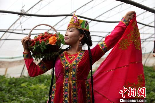 温室大棚里，成群的游客竞相摆出各种身姿拍照留念。　巴音达来 摄