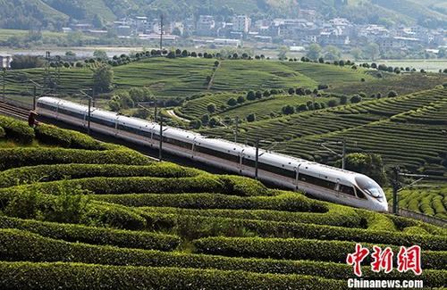 4月8日，一列动车组行驶在合福高铁武夷山区段的南岸特大桥上。4月10日零时起，全国铁路将实施新的列车运行图，优化高铁列车开行方案。 /p中新社发 郭淑媛 摄