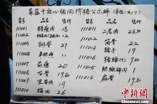 图为7日海口市菜篮子销售点猪肉售价公示牌 王子谦 摄