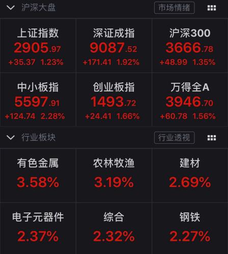 沪指涨1.23%重返2900点 稀土概念股再现涨停潮