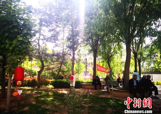 图为甘肃省首家“公建民营”智慧养老示范基地，院内绿树掩映，老人们坐在树下乘凉。　史静静 摄